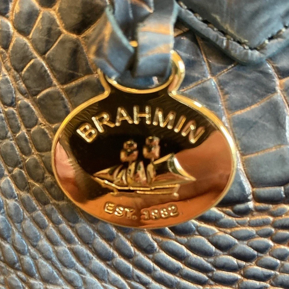 Brahmin Womens Large Duxbury Satchel Purse Blue Gold Metallic Croc Embossed‎